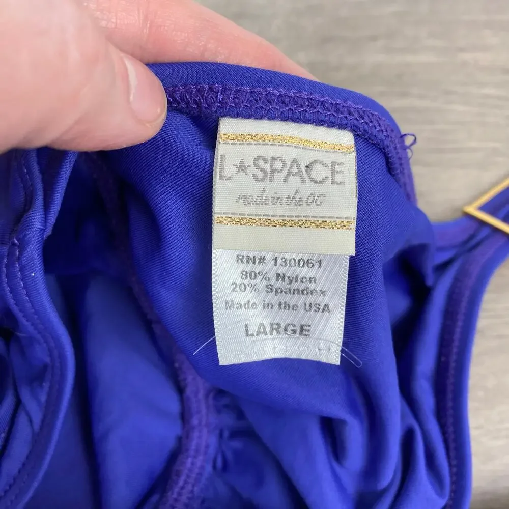 L*Space Blue Purple Halter Neck Tie Scoop Back One Piece Swimsuit Sz.L